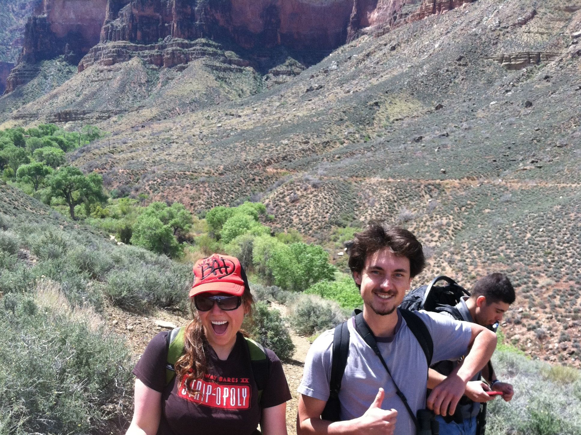Aurora De Lucia and Jessie hiking on Bright Angel Trail in The Grand Canyon (Anthony in background)
