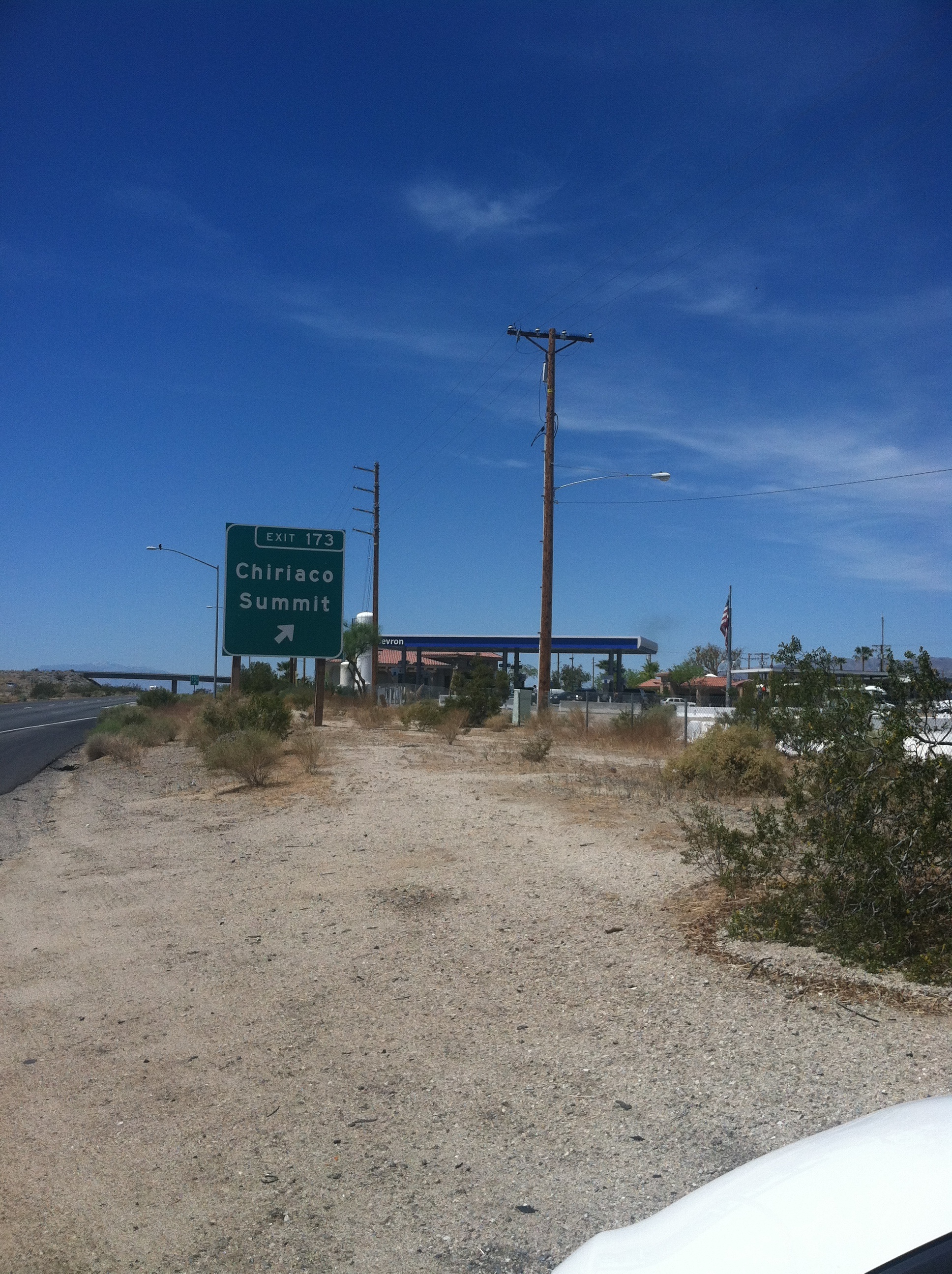 View of the Chevron when Aurora De Lucia ran out of gas on the side of the highway in the middle of the desert