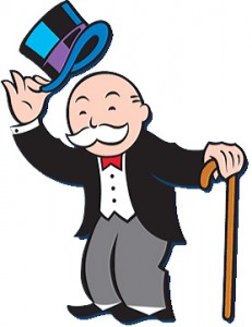 cartoon monopoly man (with white mustache) holding onto a cane and tipping hat toward us