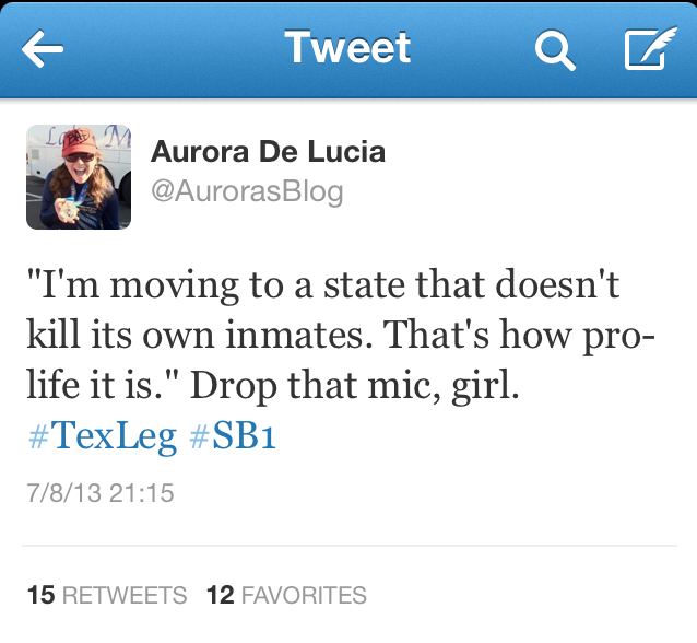@AurorasBlog tweet on SB1 - I'm moving to a state that doesn't kill its inmates. That's how pro-life it is.