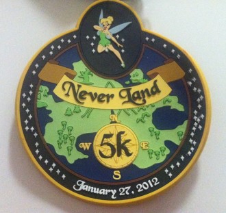 close up of the Disney Never Land 5k medal 2012