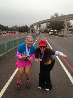 Aurora and Wendy with their medals, crouching down as they get ready to jump at the Disney Princess 2012 race