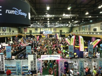 Overview from above of lots of booths at the Disney Princess half marathon expo 2012