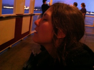 Aurora De Lucia fell asleep sitting up on the ferry leaving One More Disney Day (Leap Day 2012) at 6am