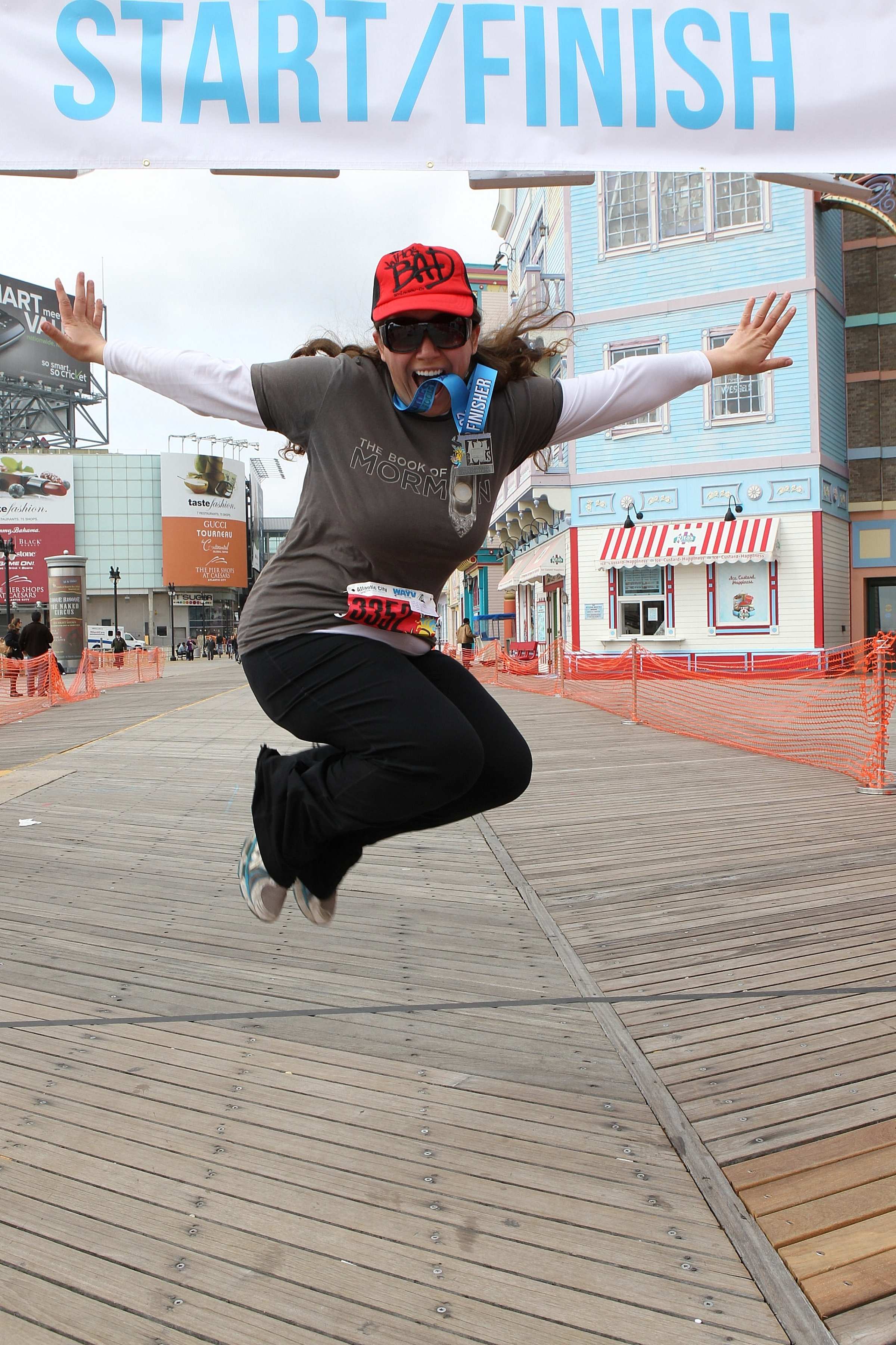 Aurora De Lucia jumping in the air after the finish of the Atlantic City race