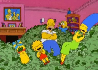 The Simpsons rolling around in money