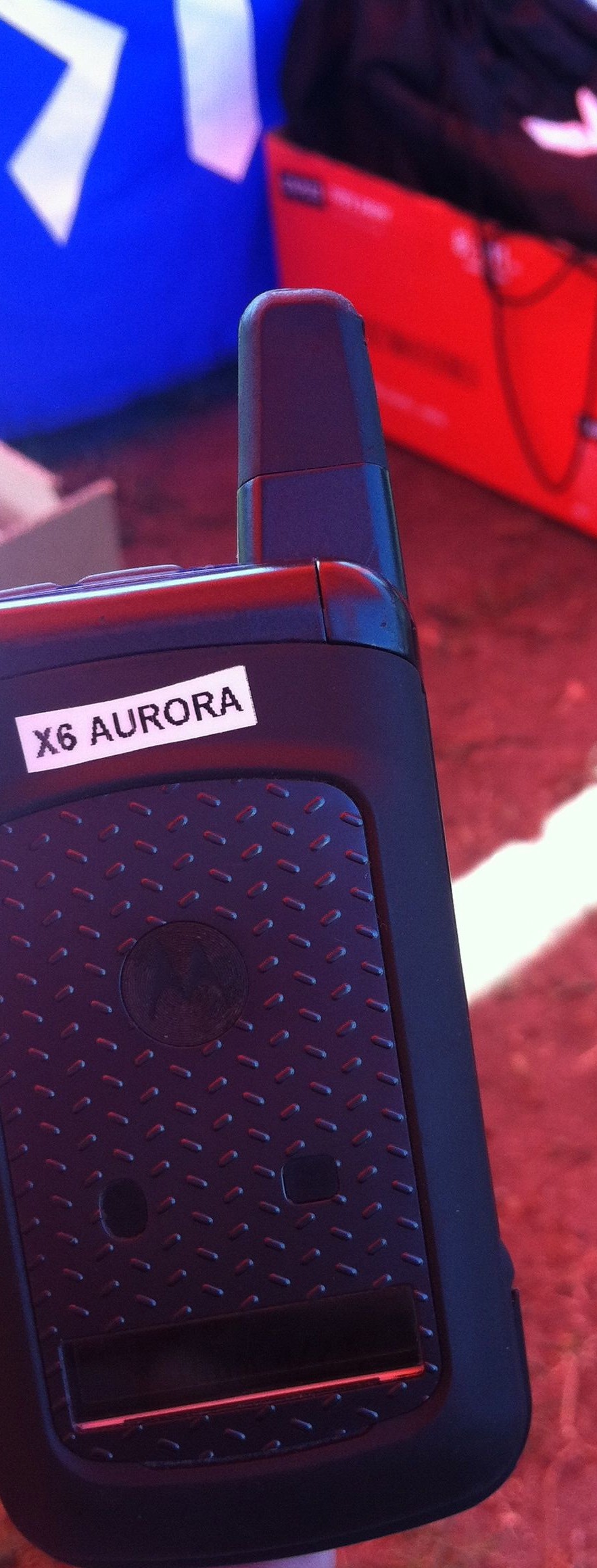 Aurora gets her own walkie talkie/phone communication system at Exchange 6 at Ragnar SoCal 2012