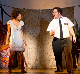 Josh Gad and Nikki M James performing in Baptize Me in The Book of Mormon the musical on Broadway