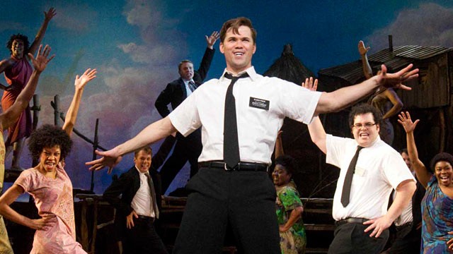 Josh Gad, Nikki M James, Andrew Rannells onstage in The Book of Mormon