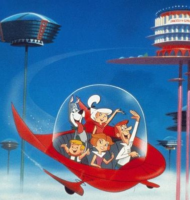 The Jetsons driving in hover car through the air (past a sprockets place)