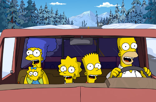 Marge, Maggie, Lisa, Bart, and Homer Simpson singing while driving in the snow to Alaska from the Simpsons movie.