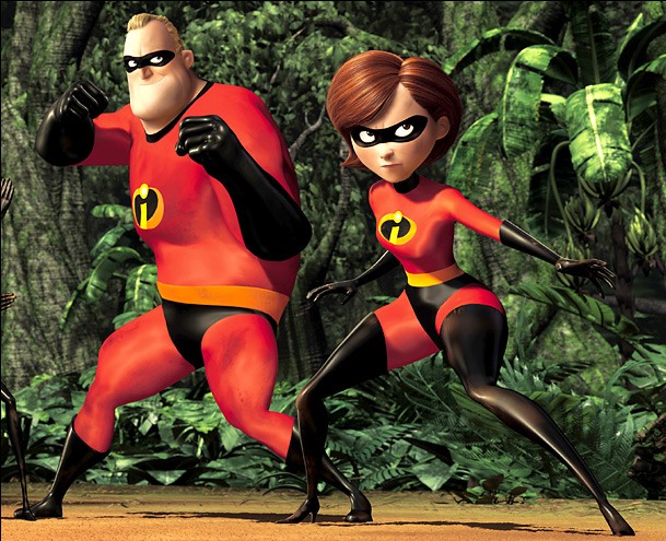 The Incredibles husband and wife team in front of trees. from Pixar.