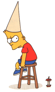 Bart Simpson not facing us, turning around a bit, wearing a dunce cap