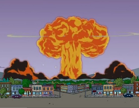 big red/yellow flame explosion cloud over Springfield on the Simpsons