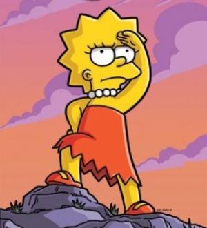 Lisa Simpson on top of a mountain in a strong stance, looking in the distance