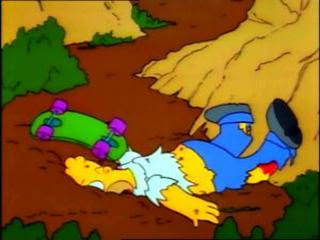 Homer Simpson face down, banged up and bloody after falling down Springfield Gorge