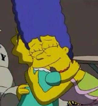 A tired Marge hugging Lisa Simpson