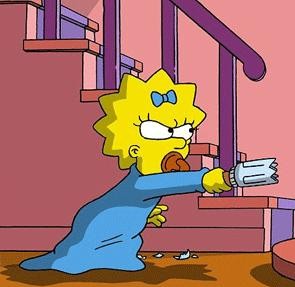 Maggie Simpson holding out broken milk bottle shards in an attack stance