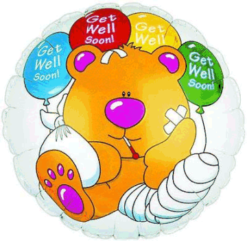 Get Well Soon balloon with a bear in a little cast with a thermometer