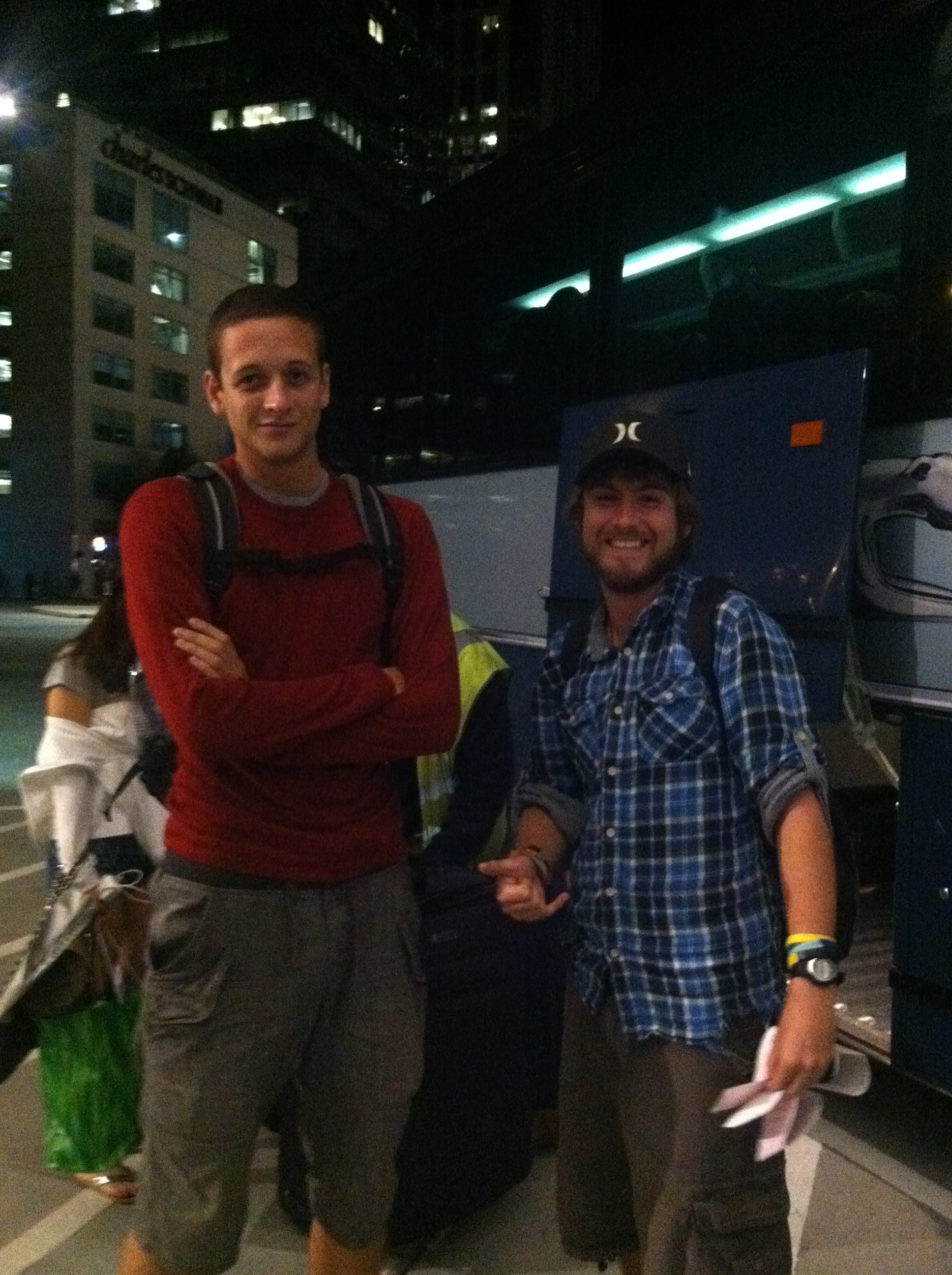 my new friends Dave and Dave outside the Greyhound bus in San Francisco, CA after midnight