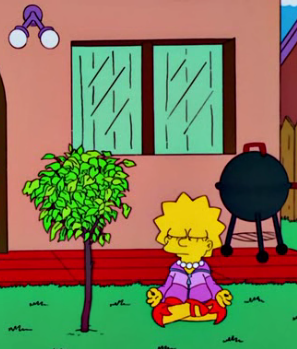Lisa Simpson meditating by a small tree in her backyard