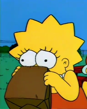 Lisa Simpson hyperventilating into paper lunch bag