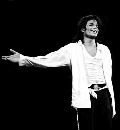 Michael Jackson in black and white with arm outstretched
