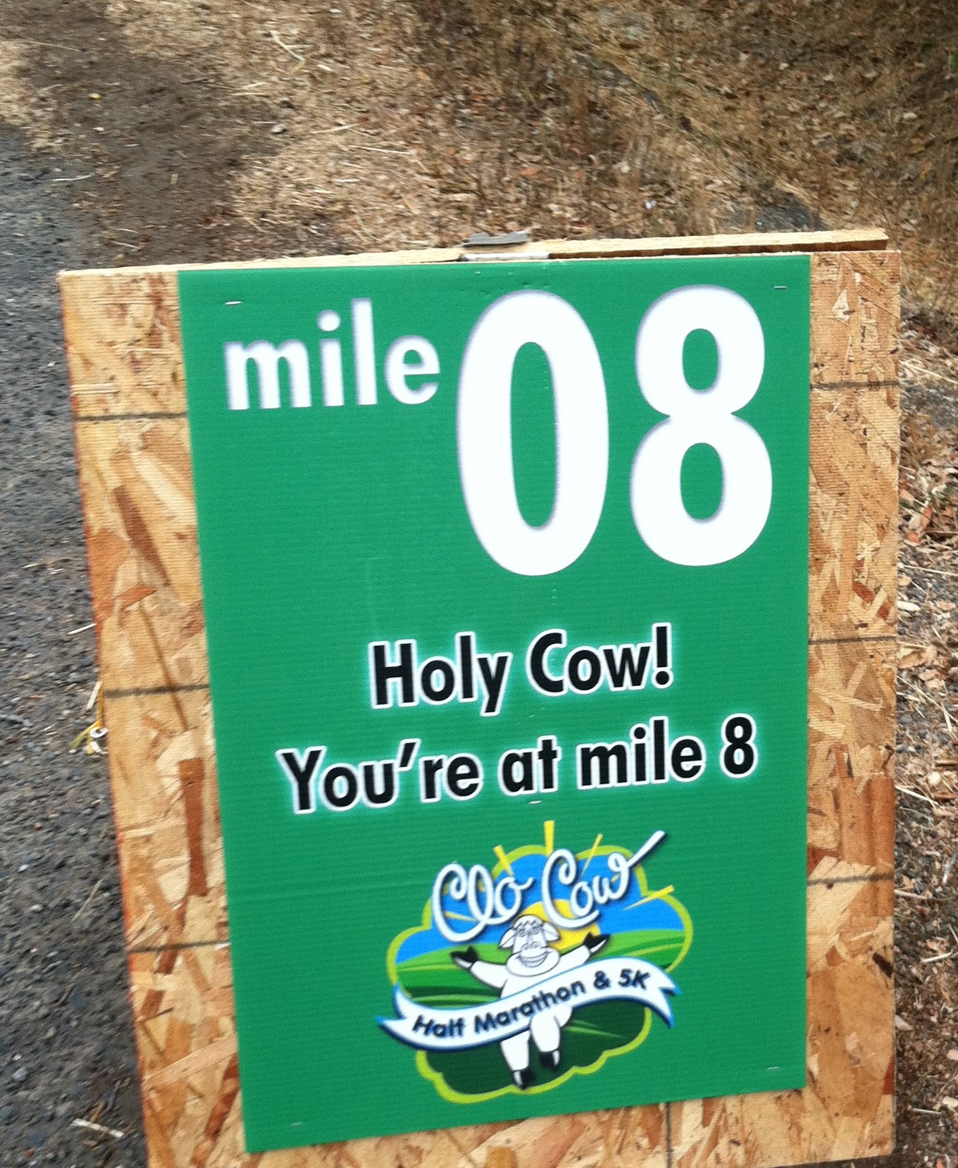 "Holy Cow! You're at Mile Marker 08" - encouraging mile marker at the Petaluma Clo-Cow Half Marathon 2012