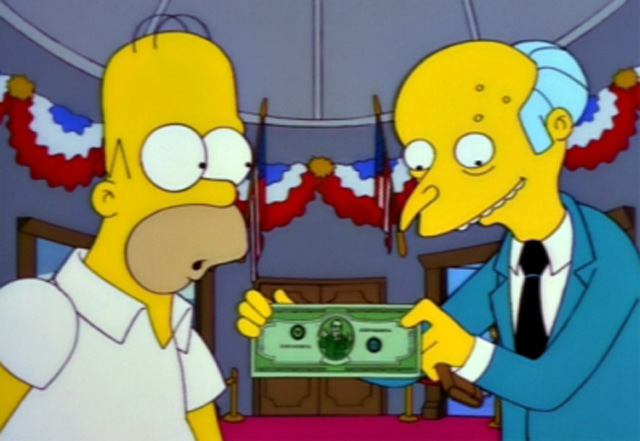 Homer Simpson and Mr. Burns looking at trillion