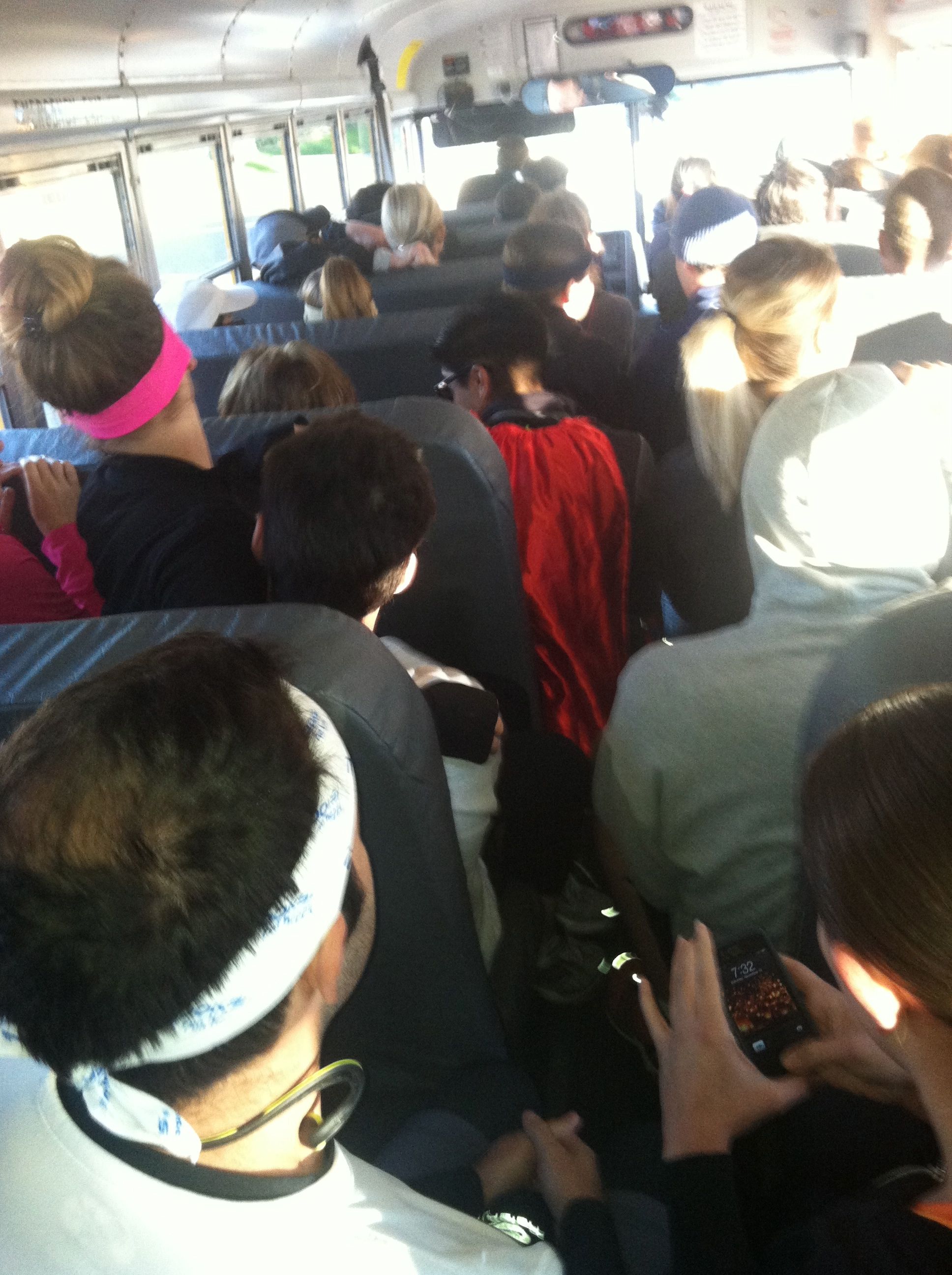 crowded shuttle bus on the way to the Santa Barbara International Half Marathon
