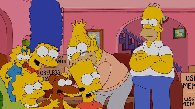 The entire Simpsons family (Marge, Maggie, Bart, Lisa, and Maggie) except Homer Simpson petting Santa's Little Helper in "To Cur With Love" - The Simpsons season 24, episode 8