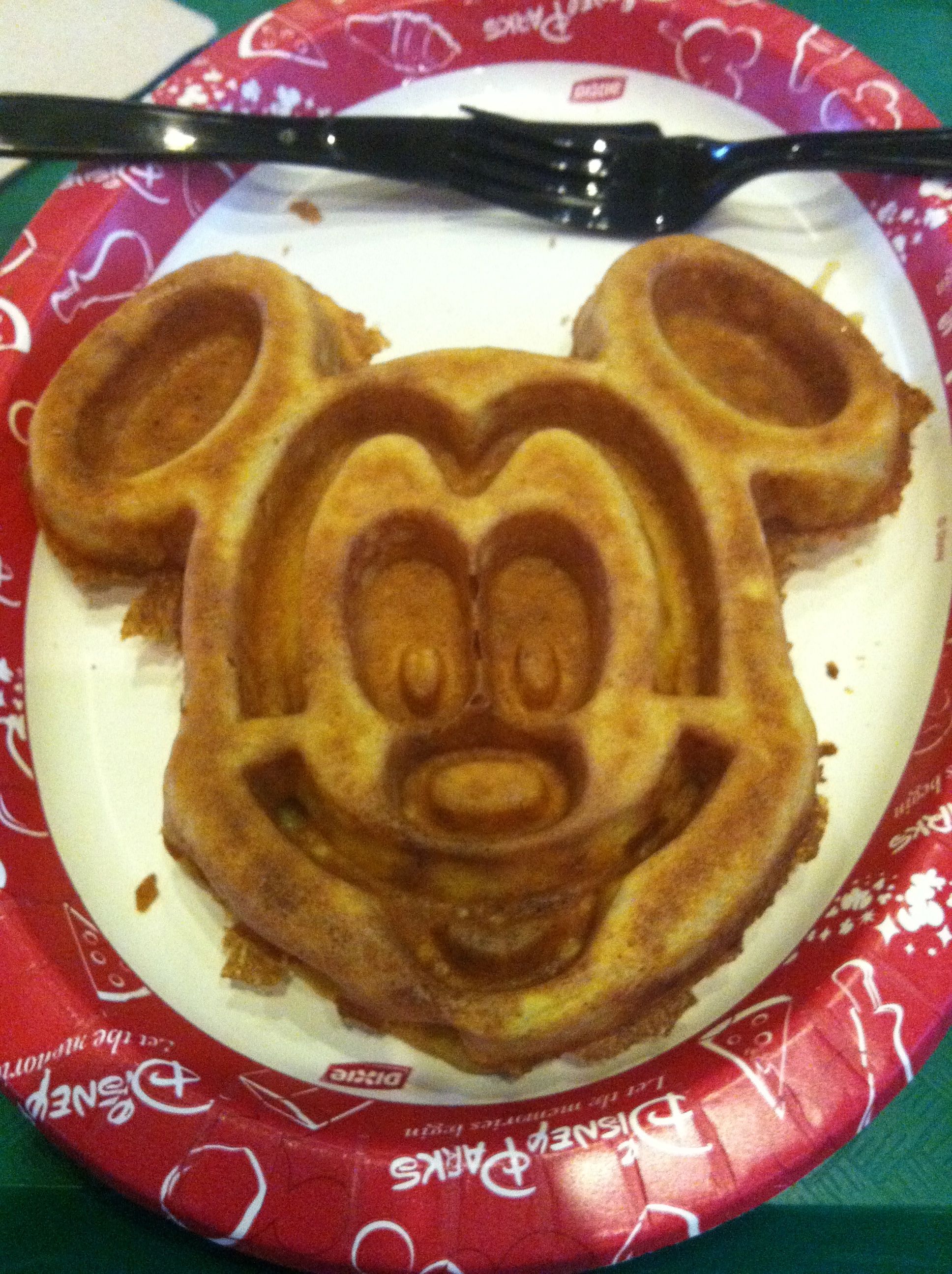 Mickey mouse shaped waffle served in the hotel food court at Walt Disney World