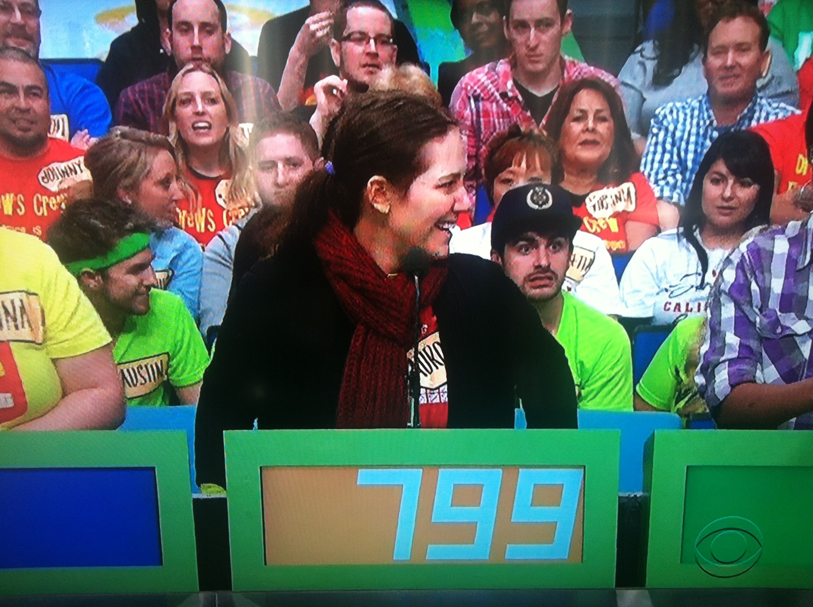 Aurora De Lucia bids 799 in contestant's row on The Price is Right, and the guy behind her judges that bid.