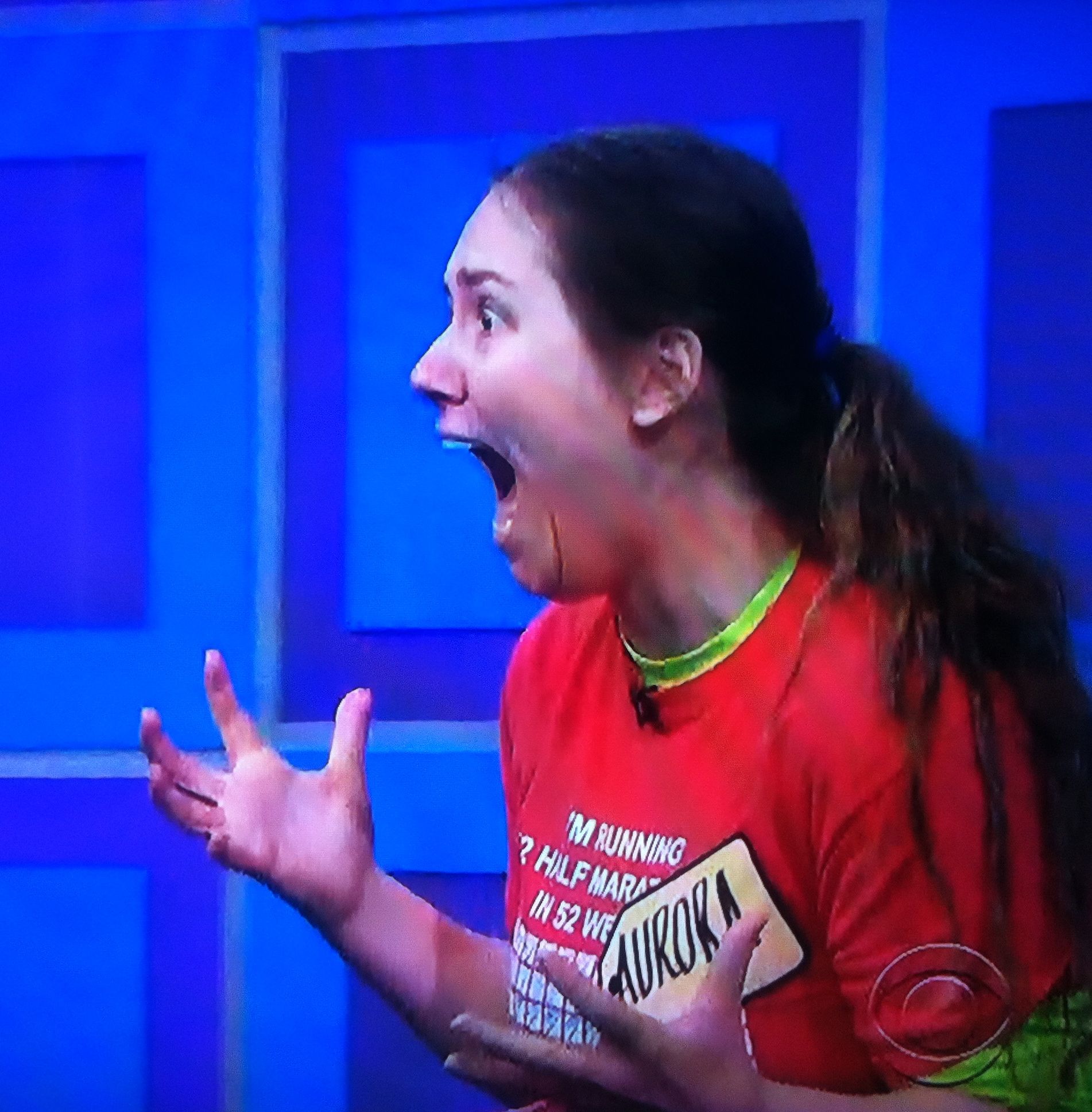 Aurora De Lucia screaming after she won the front part of the car in The Money Game on The Price is Right