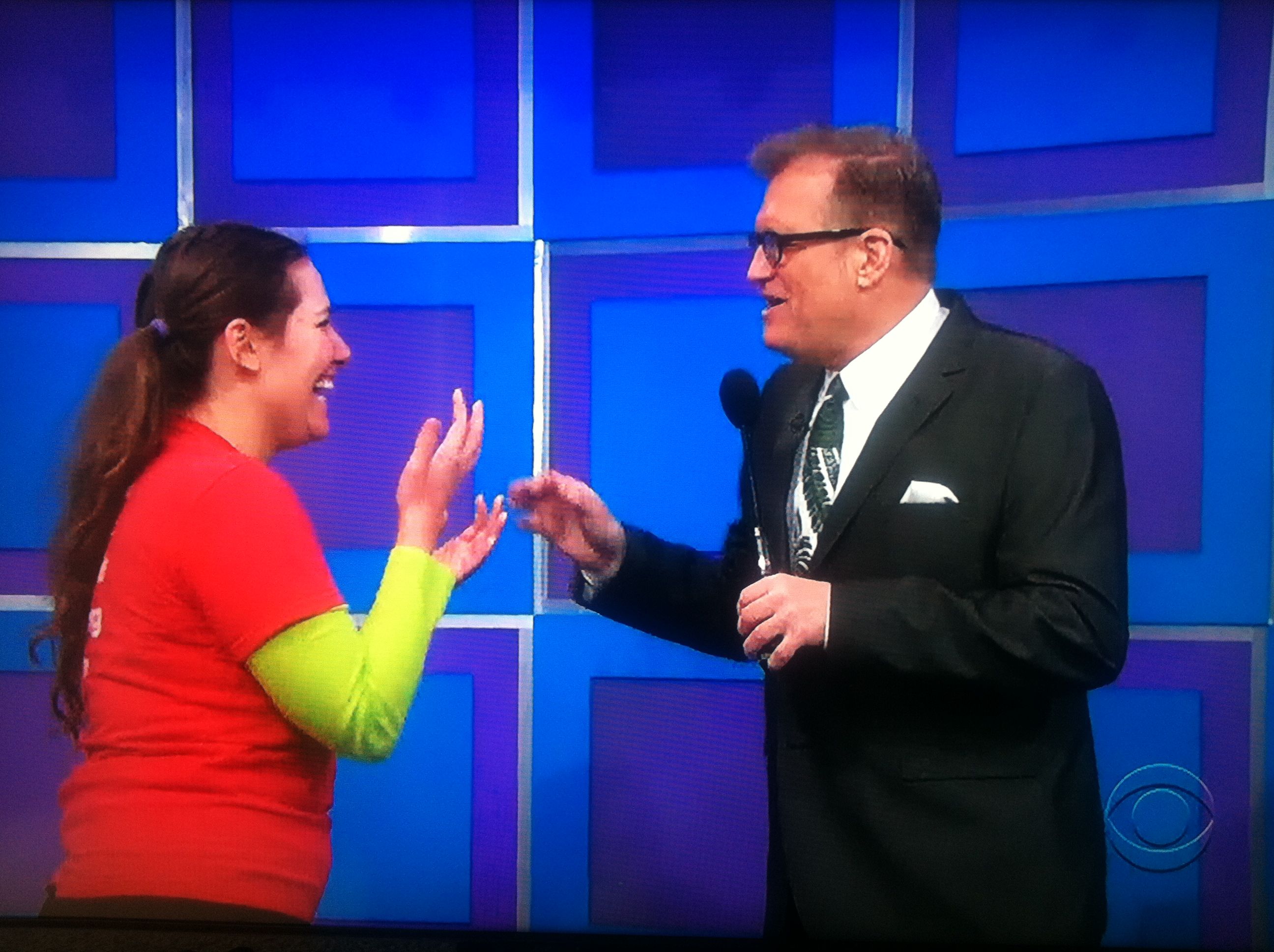 Aurora De Lucia talking with Drew Carey on The Price is Right
