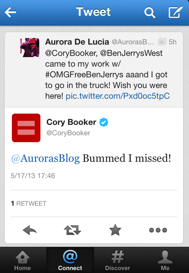 A Cory Booker tweet about Ben and Jerry's to @AurorasBlog, Aurora De Lucia