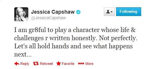 tweet from Jessica Capshaw liking the realness of her character Arizona Robbins