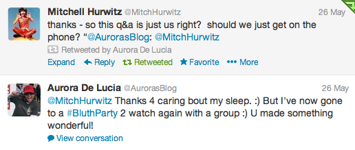 Mitch Hurwitz joking with Aurora De Lucia on twitter about Arrested Development