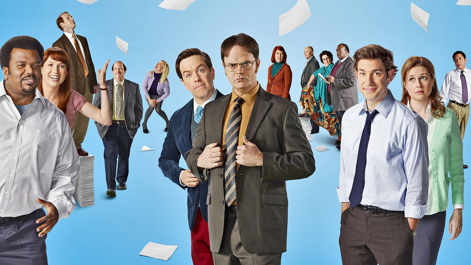 The Cast of The Office in the blue background before the finale