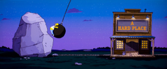 Homer Simpson on a big swinging ball between a rock and a hard place
