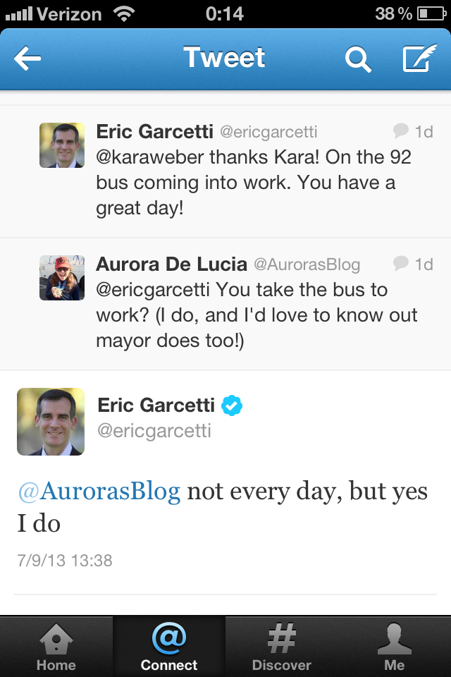 @EricGarcetti tweeting @AurorasBlog about taking the bus