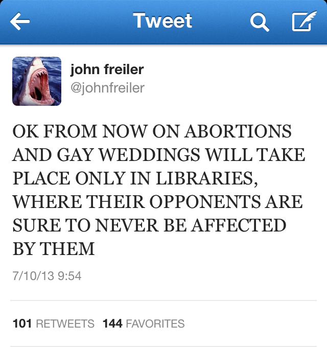 @johnfreiler's joke tweet about gay marriages and abortions in libraries
