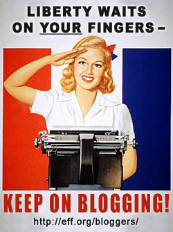 woman saluting in front of typewriter - "Keep on blogging"
