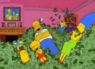 The Simpsons rolling in a huge pile of money in their living room