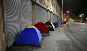 tents laid out along skid row Los Angeles
