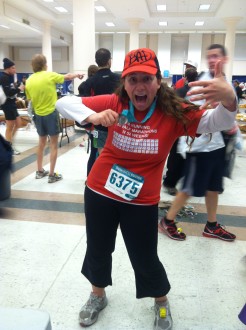 Aurora De Lucia posing in a very excited way after the finish of the Seattle Half Marathon 2012