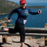 Aurora De Lucia running in a silly exaggerated fashion at Lake Tahoe
