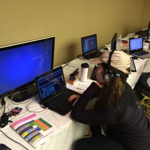 Aurora De Lucia working on live recordings at SCaLE (Southern California Linux Expo)