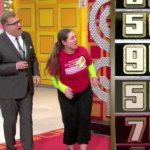 Aurora De Lucia and Drew Carey looking tense at The Price is Right wheel