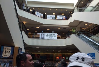 banners inside Barnes and Noble, advertising the book signing of Hillary Rodham Clinton